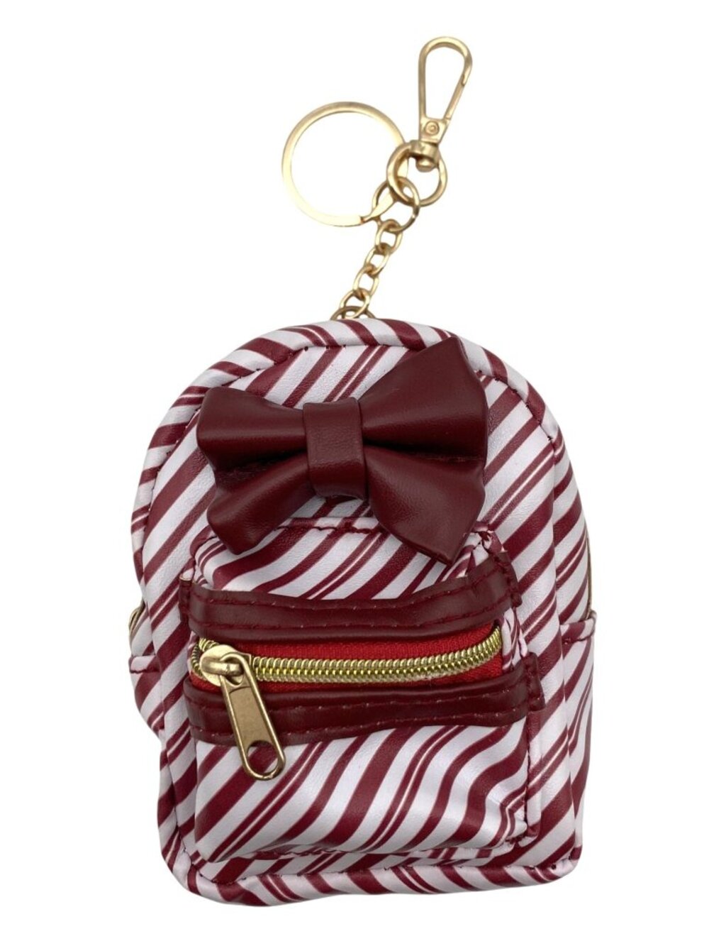 Candy Cane Striped Mini Keychain Bag With Bow & Zippered Pocket Red White